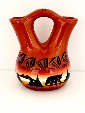 Navajo Native American Pottery Wedding Vase Sunset Bear Deer Coyote Signed USA